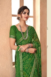 India Silk Dark Green Chiffon Saree Features A Beautifully Attached Banarasi Border Combining The Softness And Flow Of Chiffon
